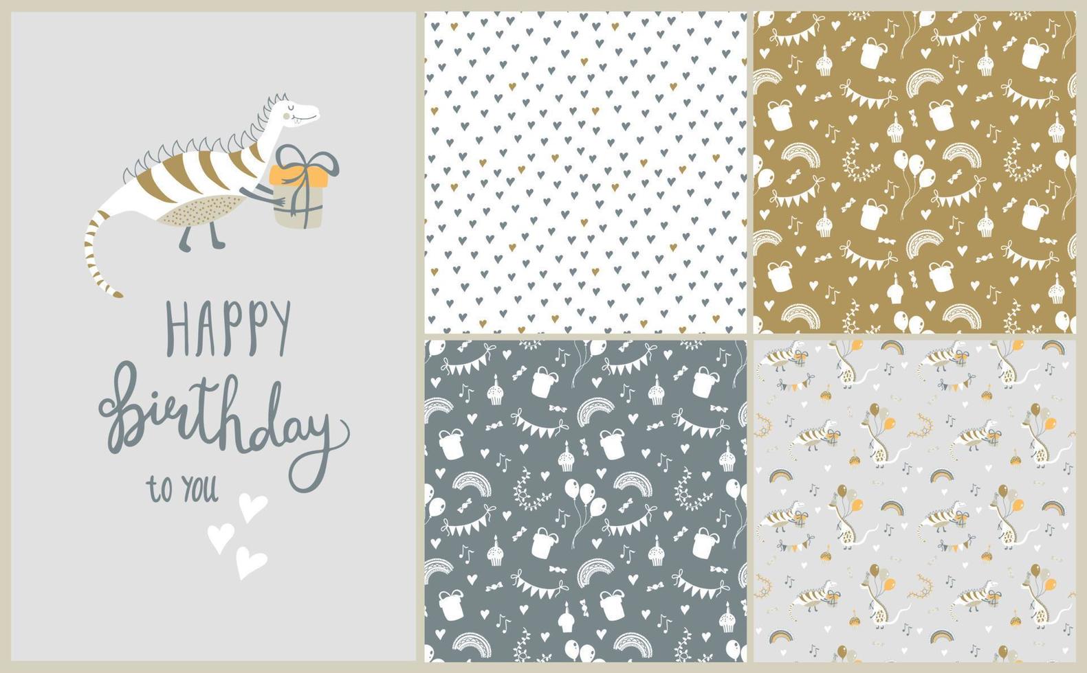 Set of retro gift card and seamless patterns. Happy birthday lettering. Earthy colors vector illustrations. Cute collection with dinosaurs and party stuff for birthday and holidays decorations.