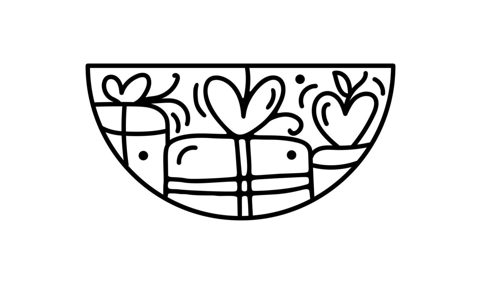 constructor de caja de regalo de corazón de vector de San Valentín dibujado a mano en medio marco redondo. logotipo de ilustración de composición de amor romántico para tarjeta de felicitación, diseño web vacaciones aisladas