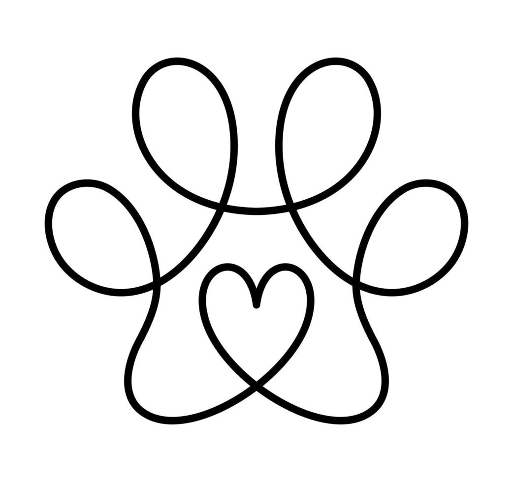 Dog love or cat paw footprint and heart in continuous one line drawing logo. Minimal line art. Animal in heart. Pets love concept monoline vector