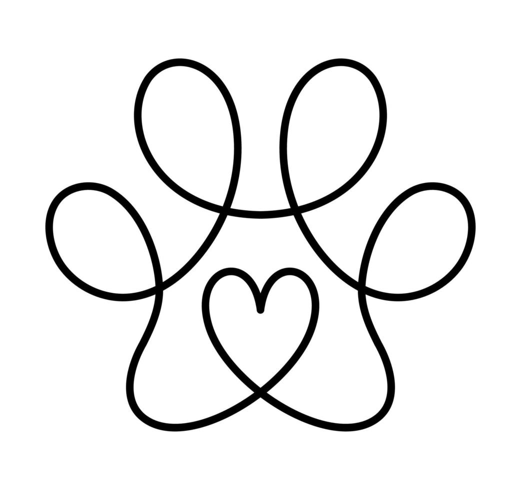 Dog love or cat paw footprint and heart in continuous one line drawing logo. Minimal line art. Animal in heart. Pets love concept monoline vector