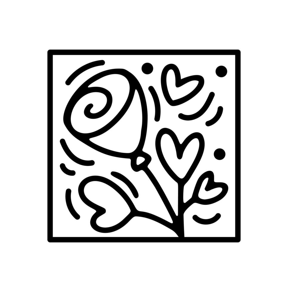 Valentine vector composition flower with hearts. Hand drawn love holiday constructor logo in square horizontal frame for greeting card, web design invitation
