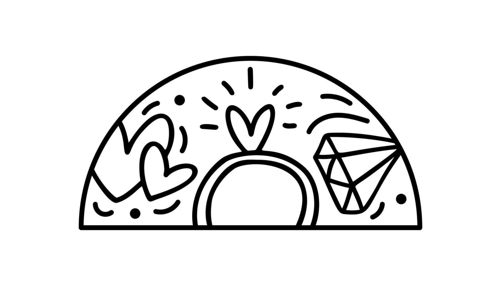 Hand drawn valentine vector ring and jewerly with heart constructor in half round frame. Romantic love illustration logo for greeting card, web design holiday