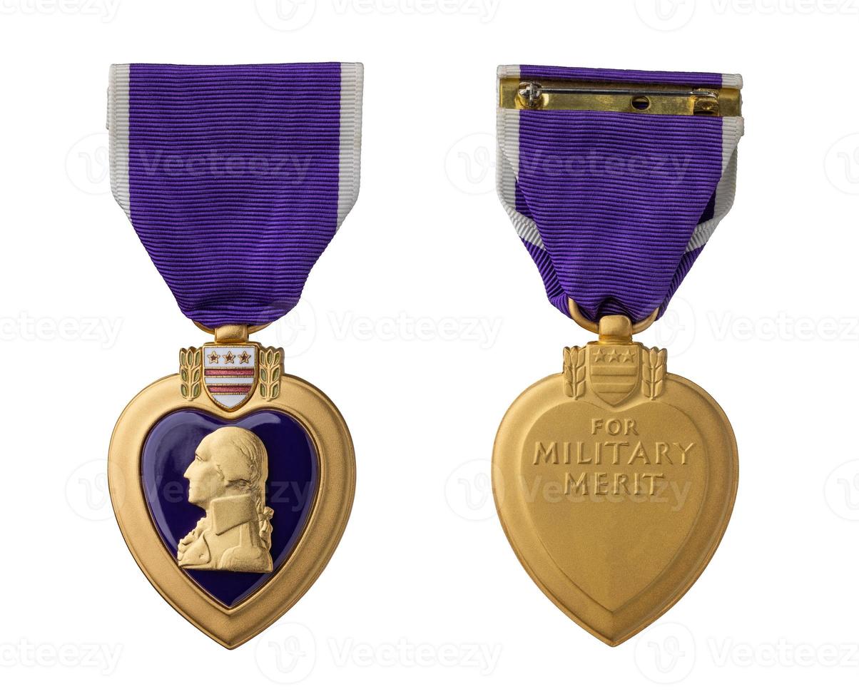 Front and Back of Purple Heart Military Merit Medal Against White Background photo