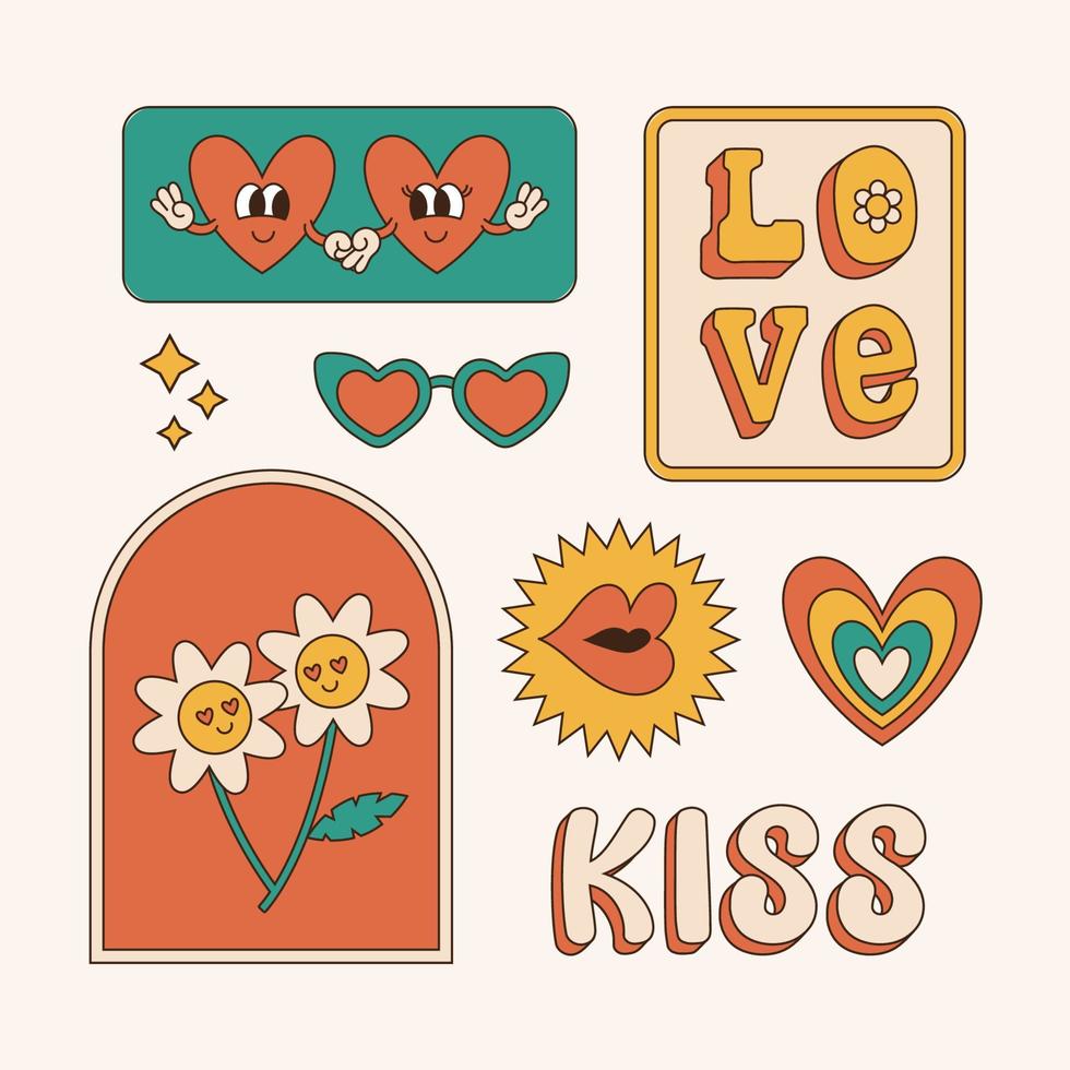 Set of love groovy elements flat retro 70s hippie stickers vector