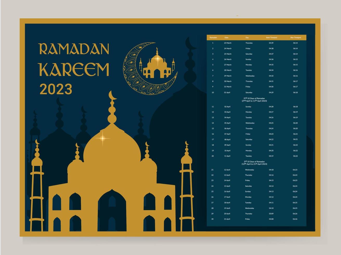 diseño de calendario de ramadán 2023. plantilla de maqueta de calendario, dua de calendario islámico y horario de tabla listo para imprimir ilustración vectorial vector