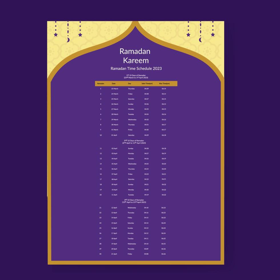 conception du calendrier du ramadan 2023. modèle de maquette de calendrier,  dua du calendrier islamique et horaire de l'horaire prêt à imprimer  illustration vectorielle 17016998 Art vectoriel chez Vecteezy