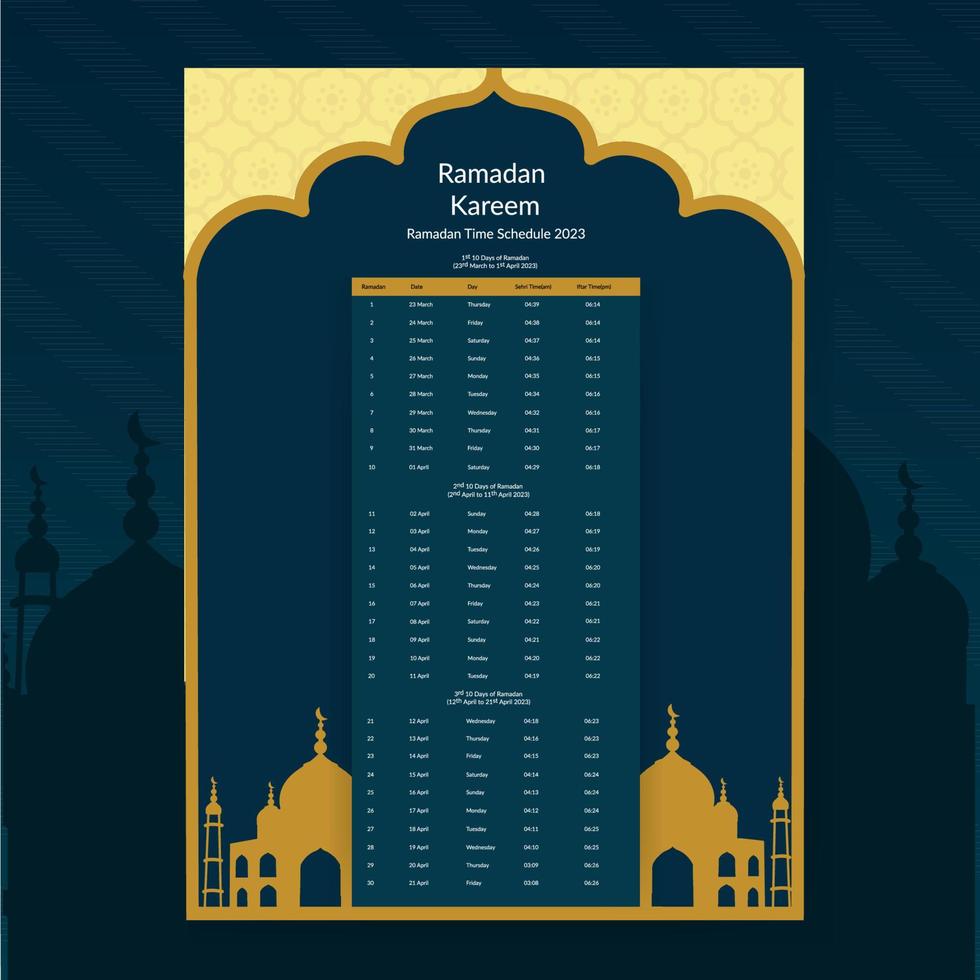diseño de calendario de ramadán 2023. plantilla de maqueta de calendario, dua de calendario islámico y horario de tabla listo para imprimir ilustración vectorial vector