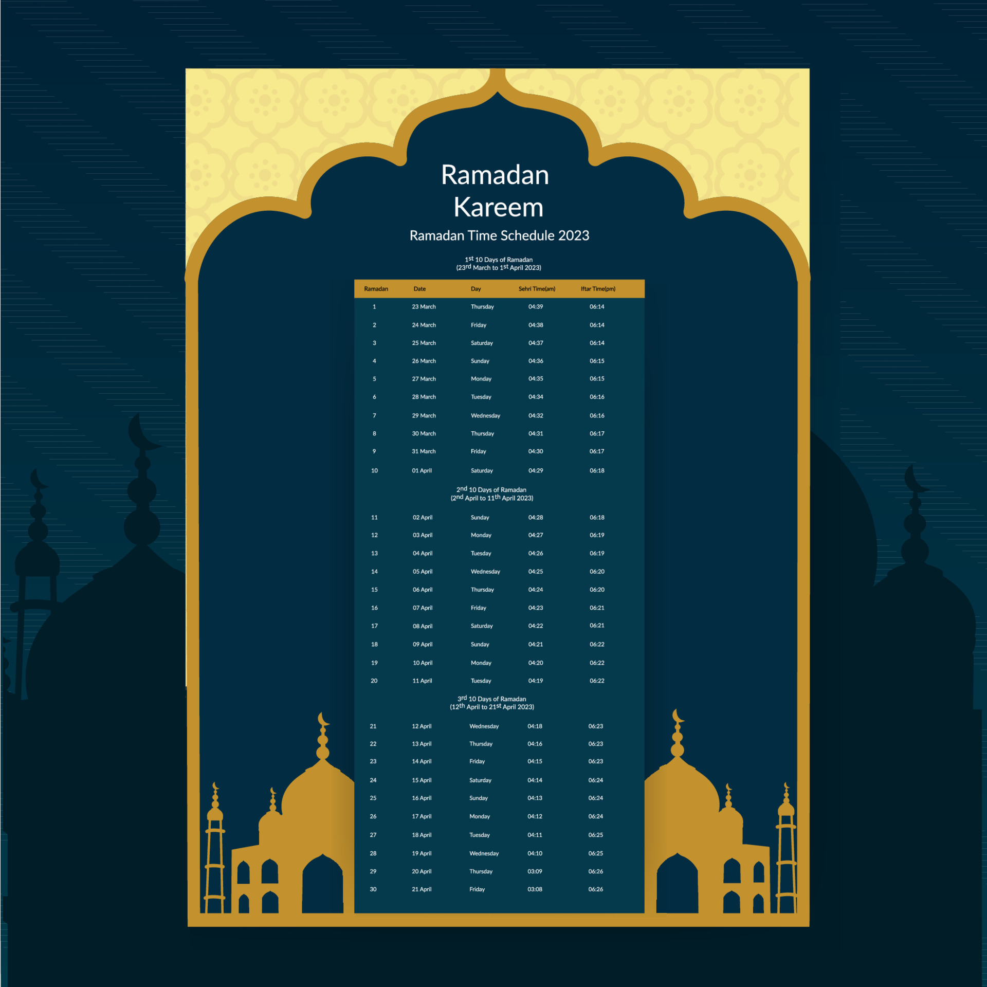 Ramadan Calendar Design 2023. Calendar Mockup template, Islamic