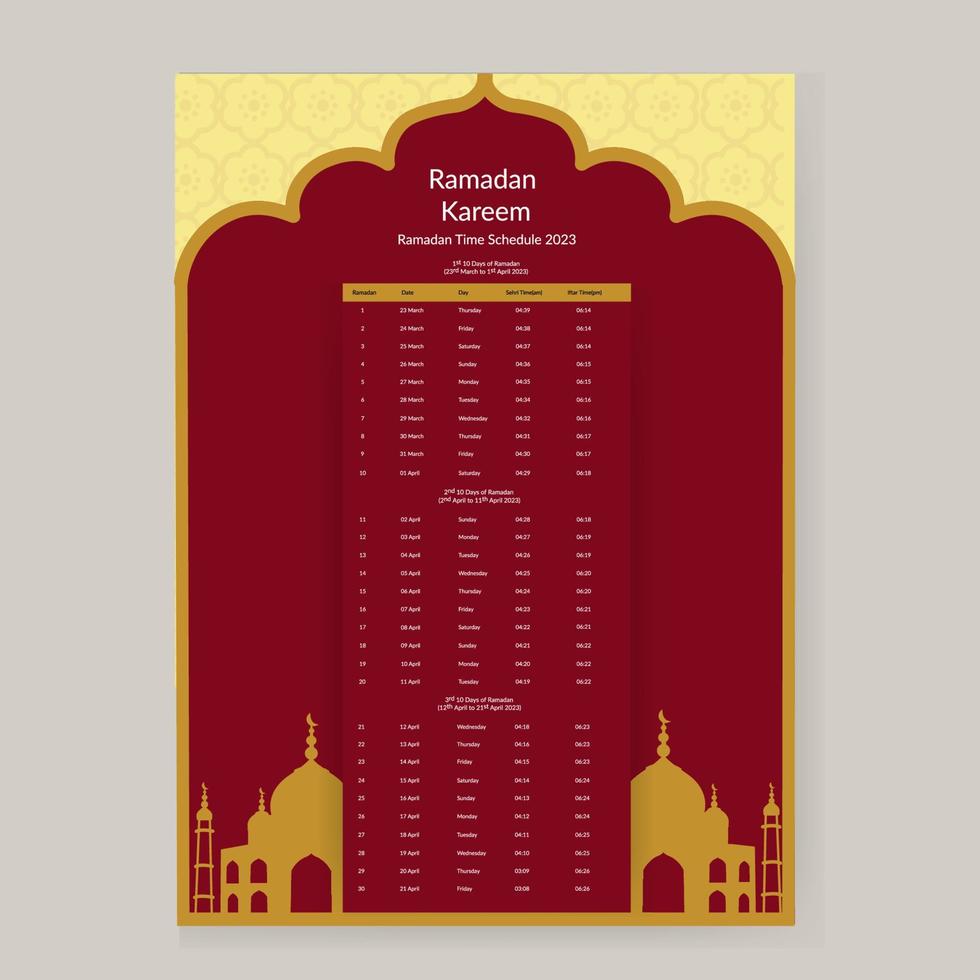 diseño de calendario de ramadán 2023. plantilla de maqueta de calendario, dua de calendario islámico y horario de tabla listo para imprimir ilustración vectorial vector