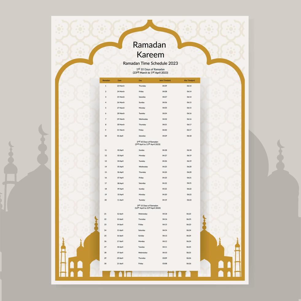 Ramadan Calendar Design 2023. Calendar Mockup template, Islamic Calendar dua and time table schedule print ready vector illustration