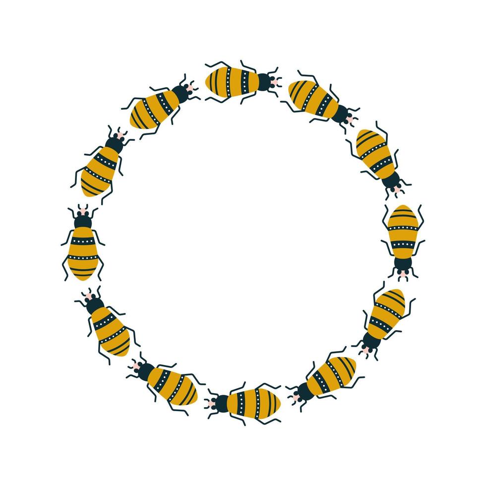 Vector symmetrical circle wreath with bugs and bees in art deco style. Animal prints for greeting cards, label designs and logos.