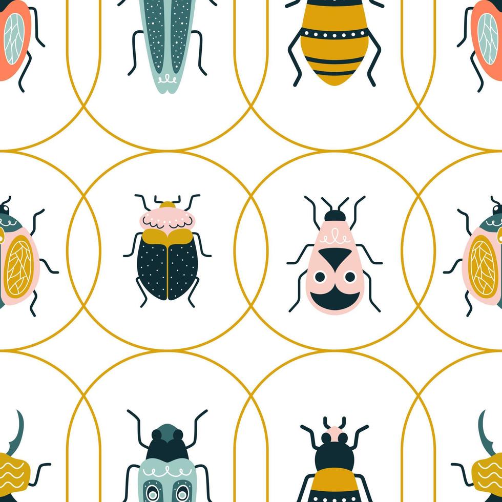 Cute colorful bugs in yellow circles in art deco style. Vector seamless pattern with Beatles in art deco style