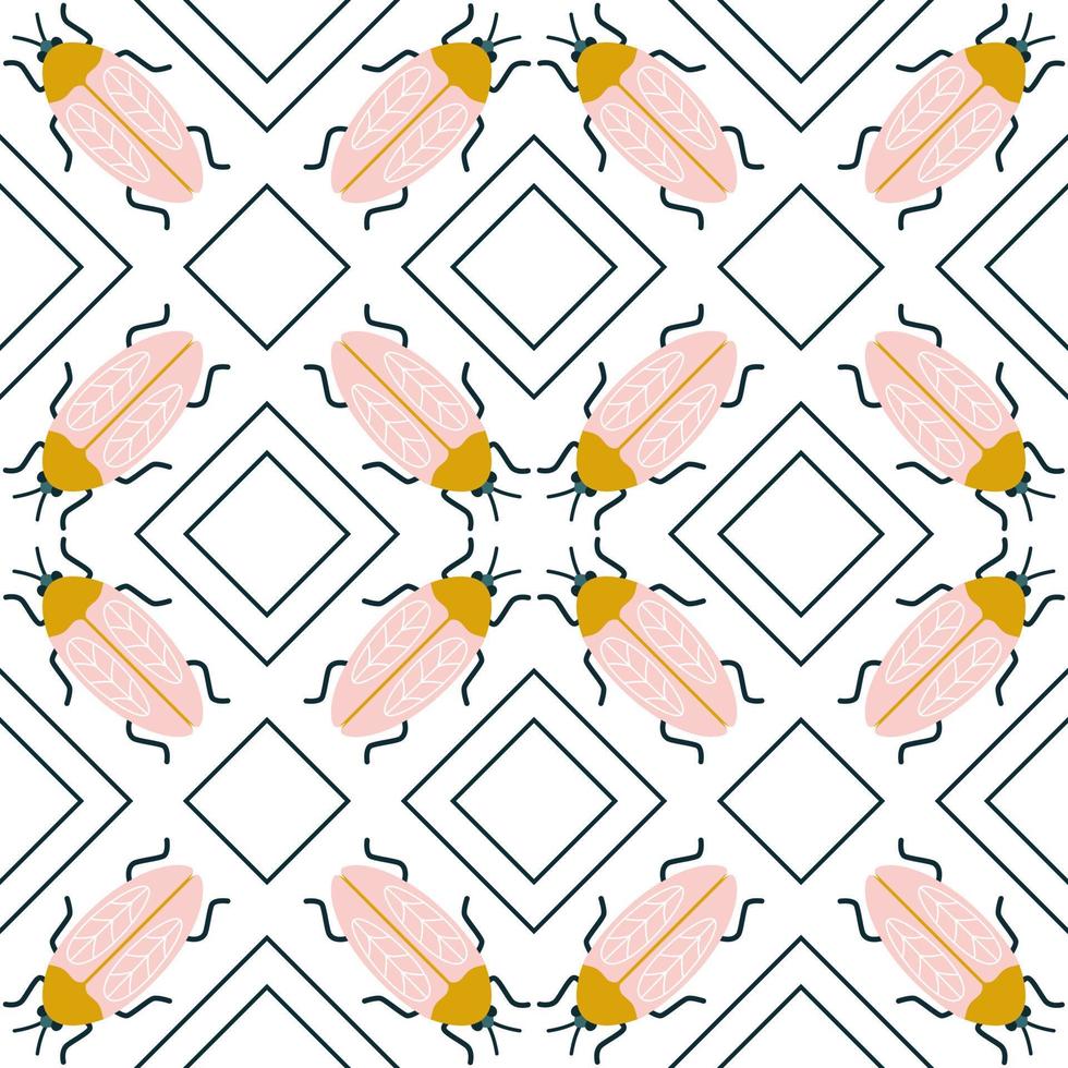 Flat symmetric bugs and geometric decor in art deco style. Vector seamless pattern with insects and beetle