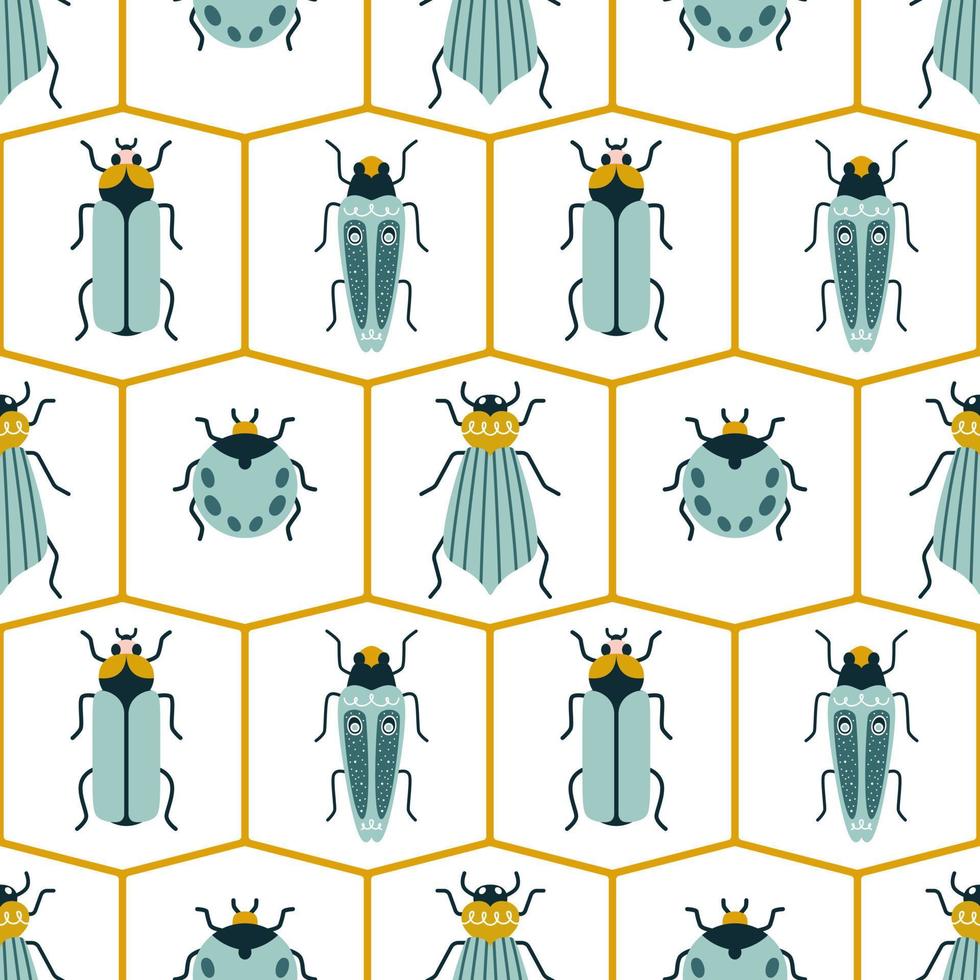 Modern bugs in rhombuses in art deco style. Seamless vector pattern with ants for wallpaper or fabric