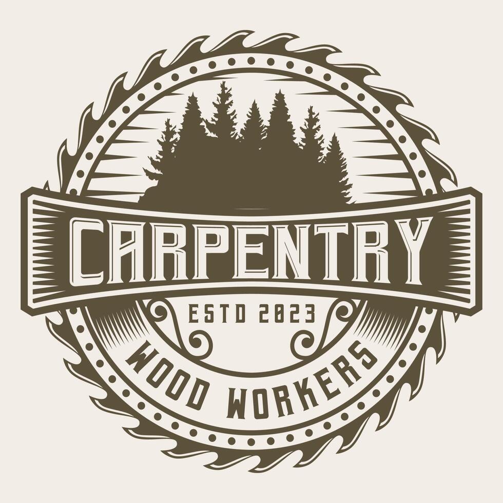 bosque carpintería madera trabajadores vintage logo plantilla insignia etiqueta ilustración vector diseño