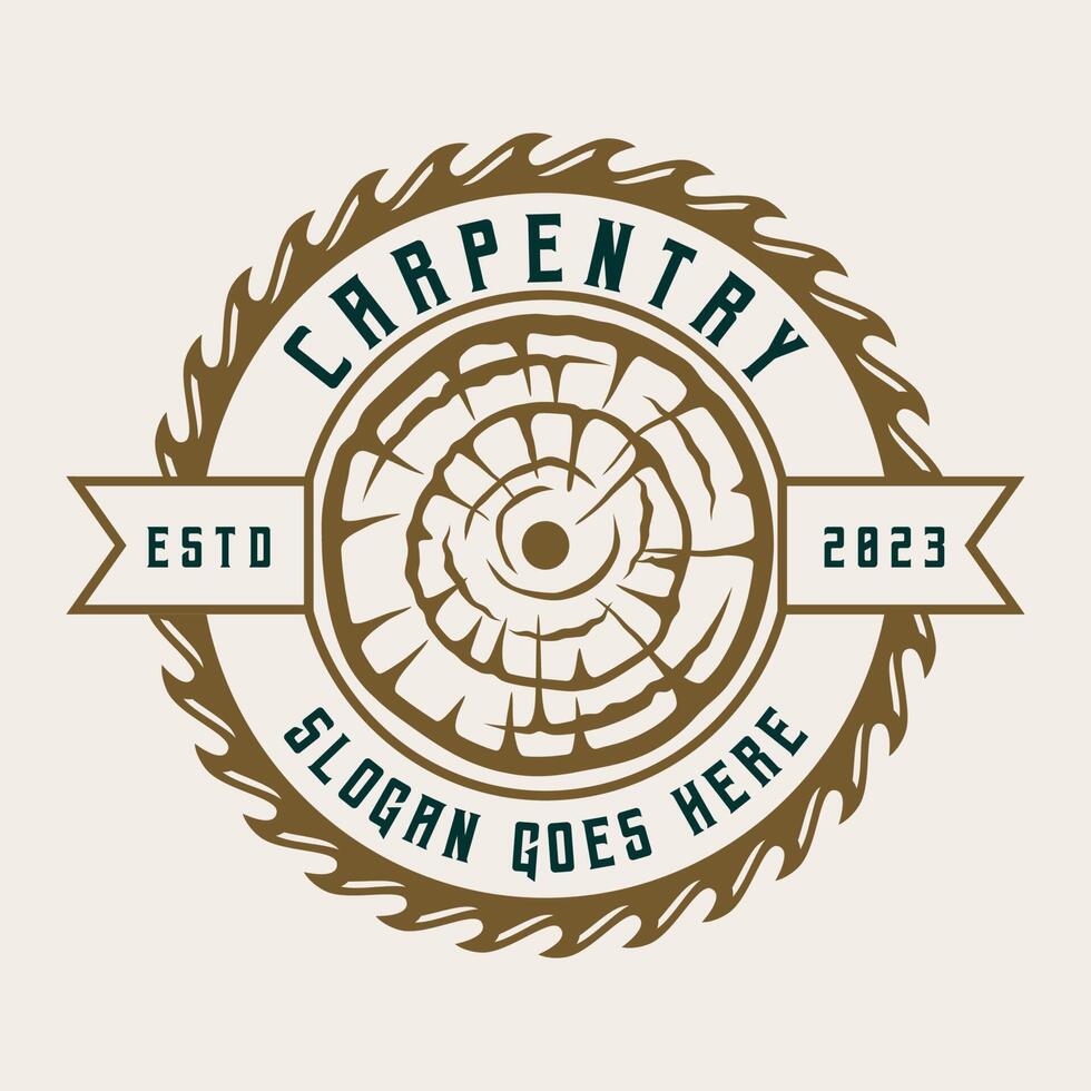 carpintería logo madera trabajo vintage insignia etiqueta diseño ilustración vector