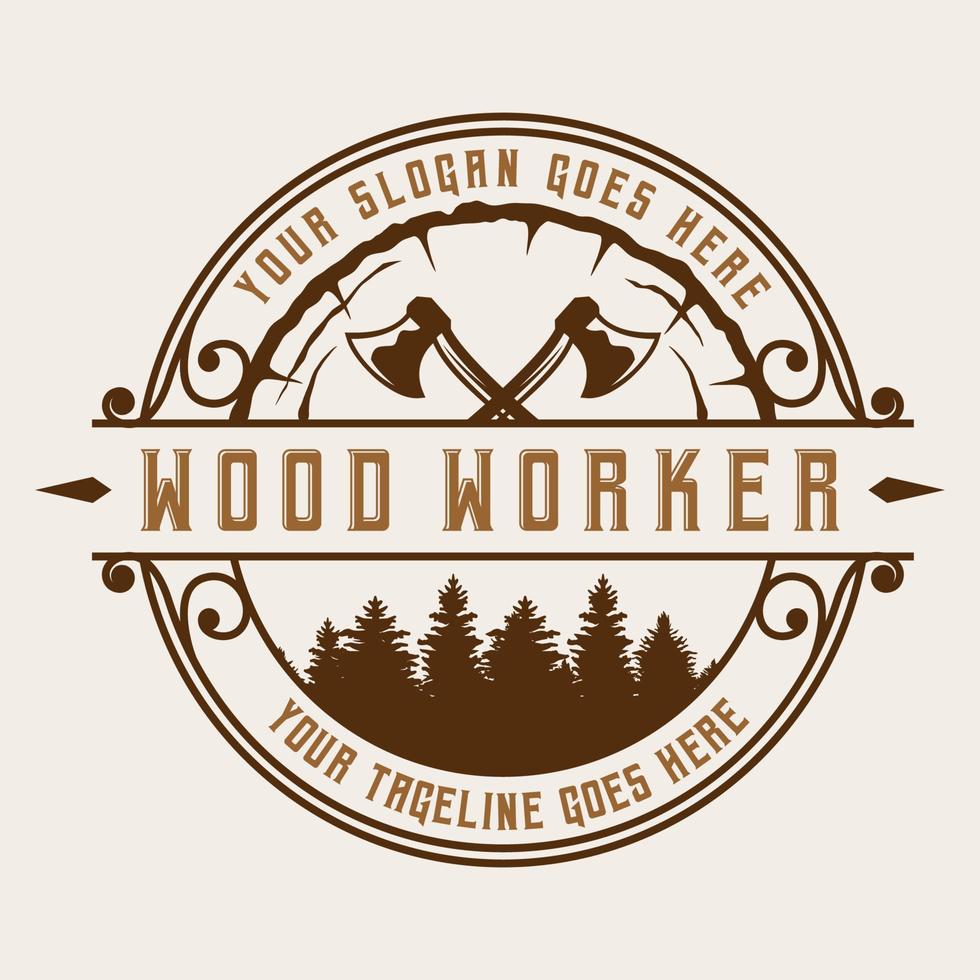 hacha carpintería vintage madera trabajadores logo plantilla insignia etiqueta ilustración vector diseño