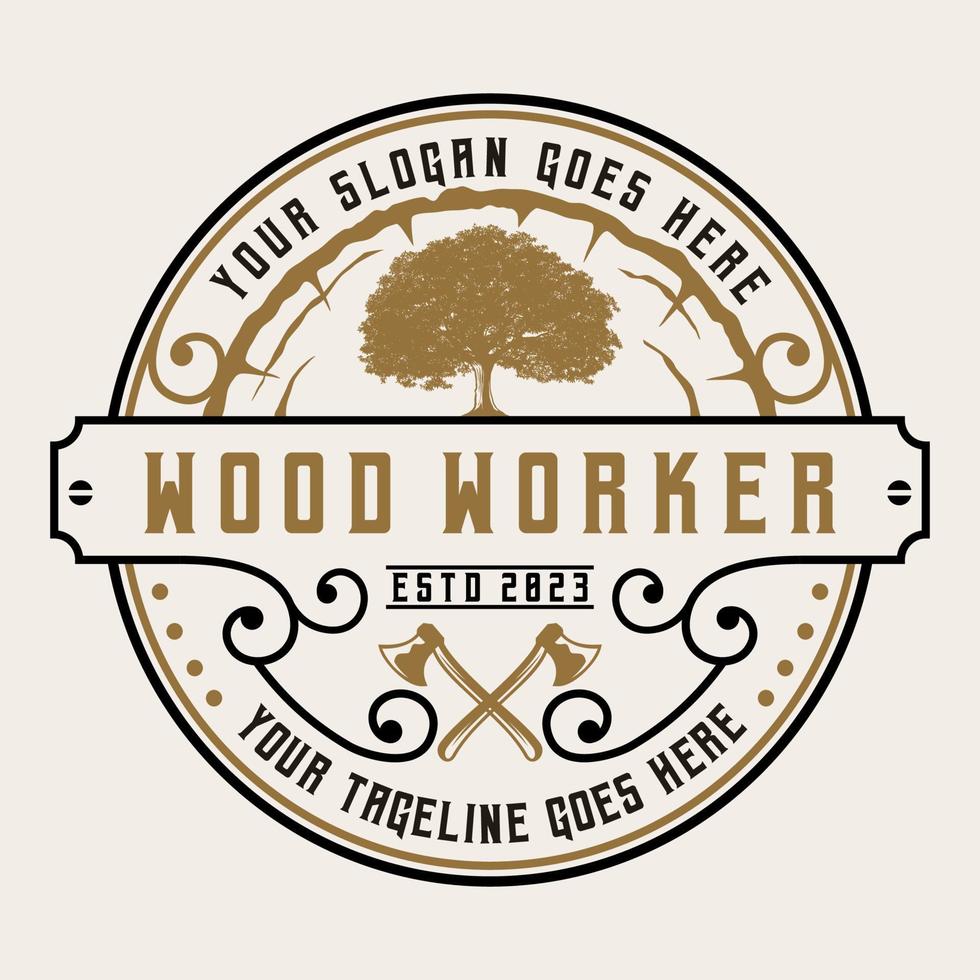 vintage árbol hacha madera trabajadores logo carpintería insignia etiqueta ilustración vector diseño