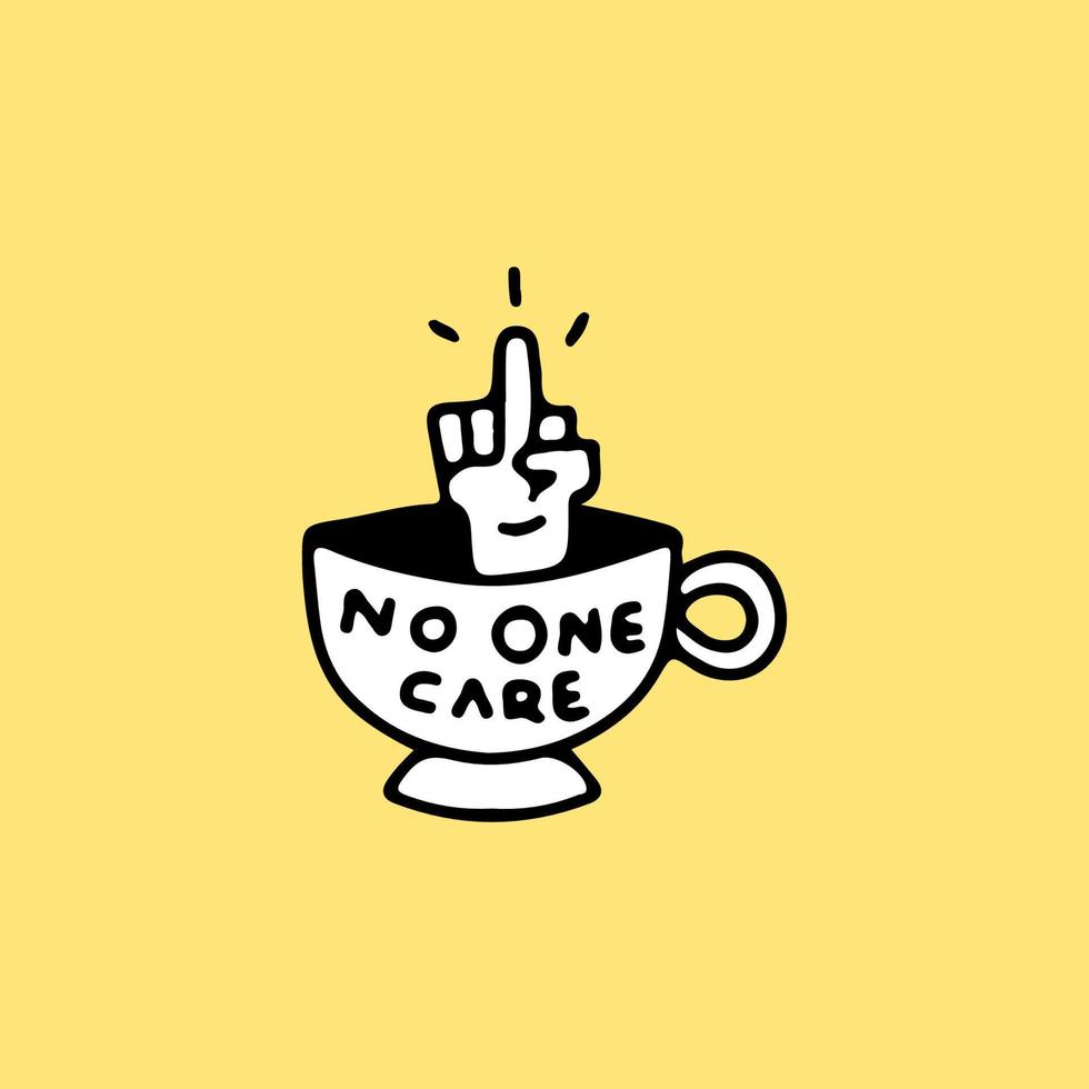 Cup of coffee with middle finger hand, illustration for t-shirt, street wear, sticker, or apparel merchandise. With doodle, retro, and cartoon style. vector