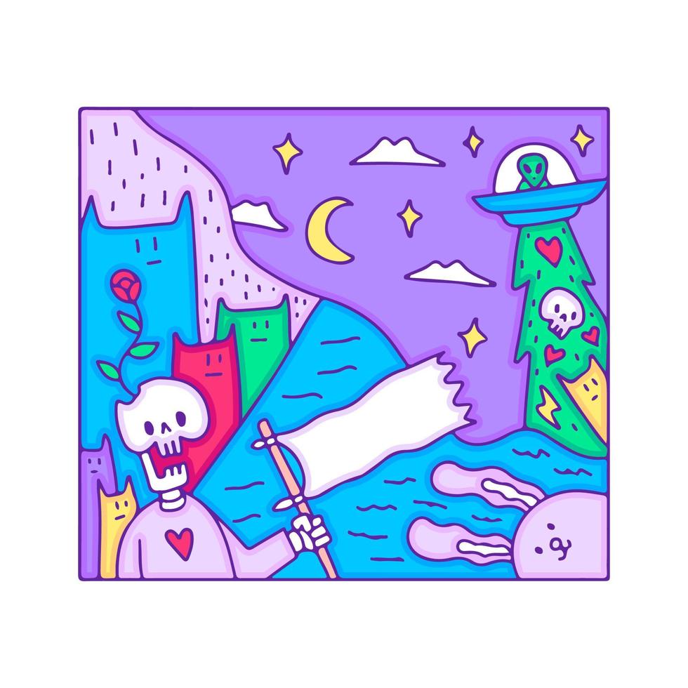 Funny skull holding flag with cat, bunny, and alien ship, illustration for t-shirt, sticker, or apparel merchandise. With doodle, retro, and cartoon style. vector