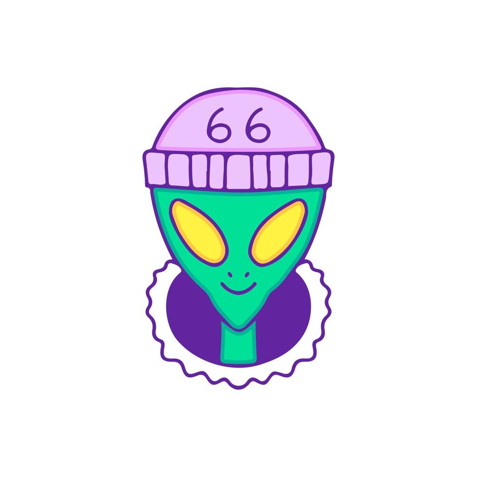 Hype alien head wearing beanie hat peeking through ripped paper, illustration for t-shirt, sticker, or apparel merchandise. With doodle, retro, and cartoon style. vector