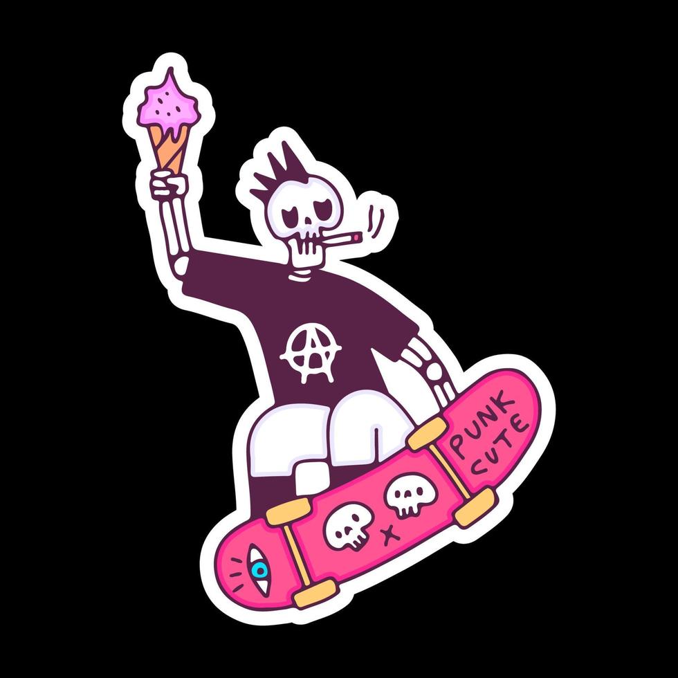 Cool punk skull holding ice cream and smoke cigarette freestyle with skateboard, illustration for t-shirt, sticker, or apparel merchandise. With doodle, retro, and cartoon style. vector