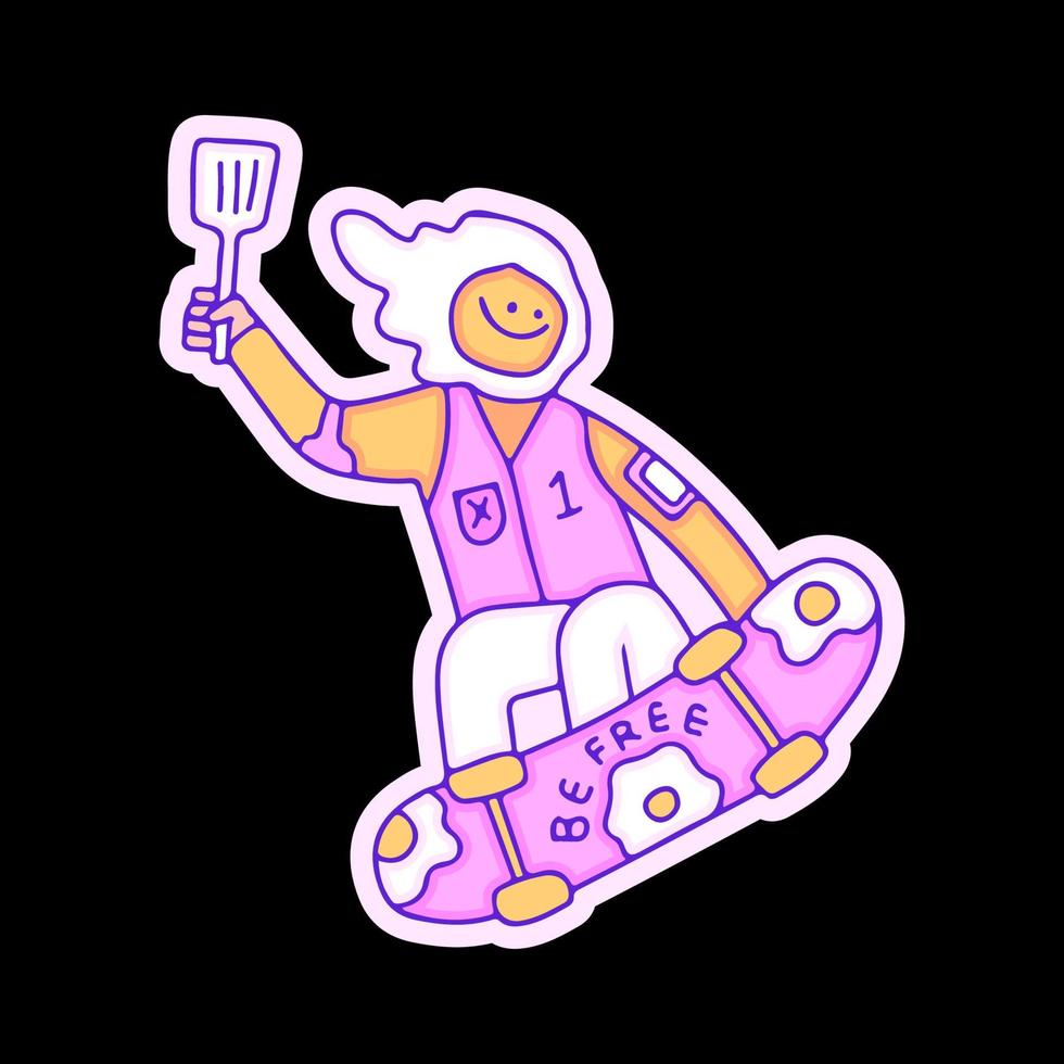 Fried egg character holding spatula and freestyle with skateboard, illustration for t-shirt, sticker, or apparel merchandise. With doodle, retro, and cartoon style. vector