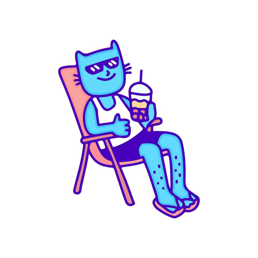 Cool cat sunbathe and drink boba tea, illustration for t-shirt, sticker, or apparel merchandise. With modern pop and retro style. vector