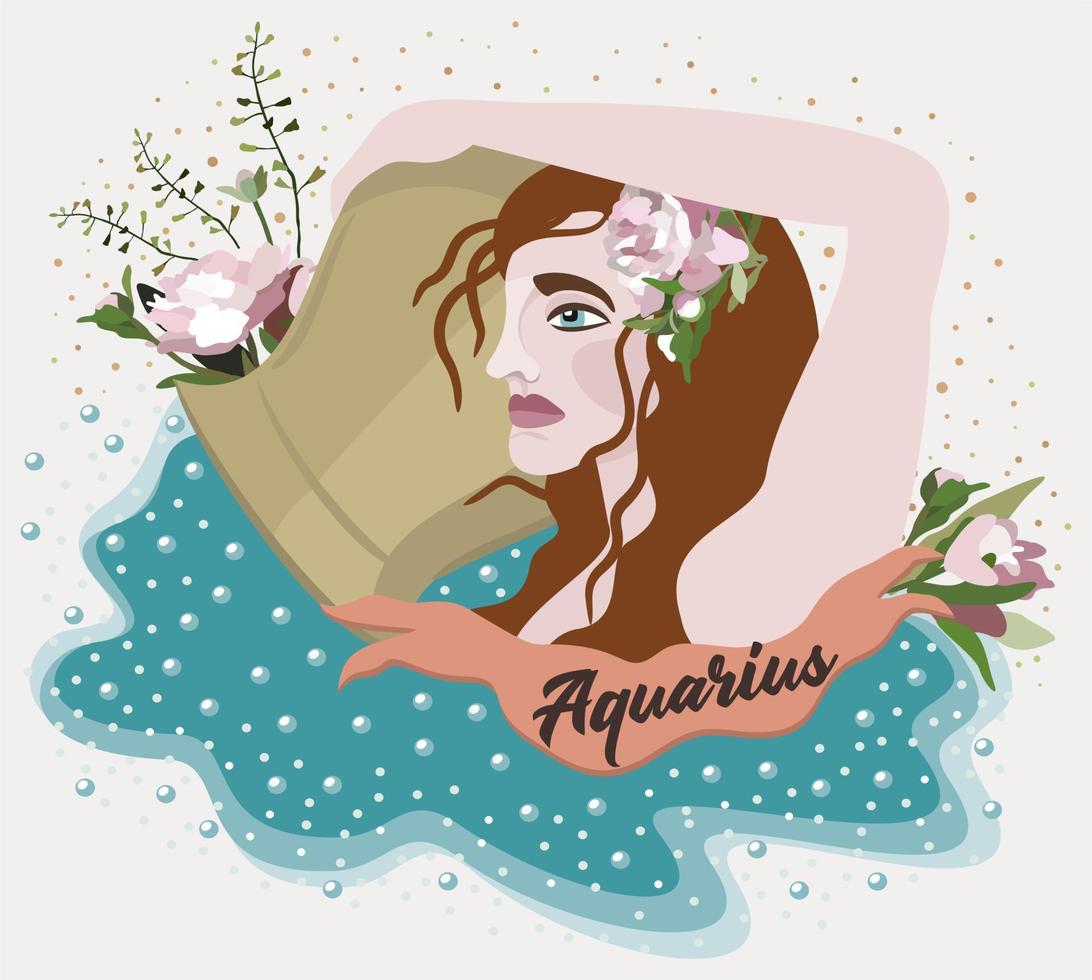 Aquarius. Zodiac sign. Vector isolated composition with lettering on light background. Horoscope concept. Woman holding a jug in her hands and pouring water.