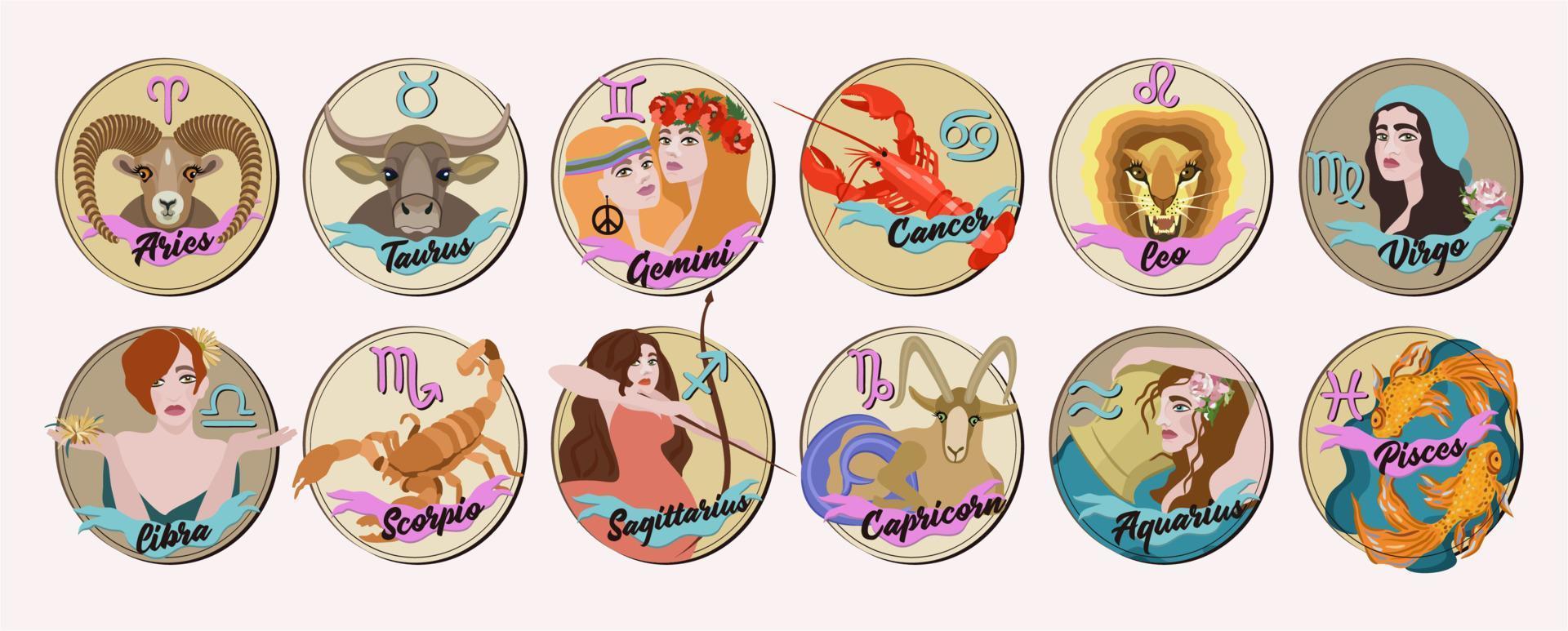 Vector astrological zodiac signs. Aries, Taurus, Gemini, Cancer, Leo, Virgo, Libra, Scorpio, Sagittarius, Capricorn, Aquarius, Pisces. Twelve zodiac constellations.