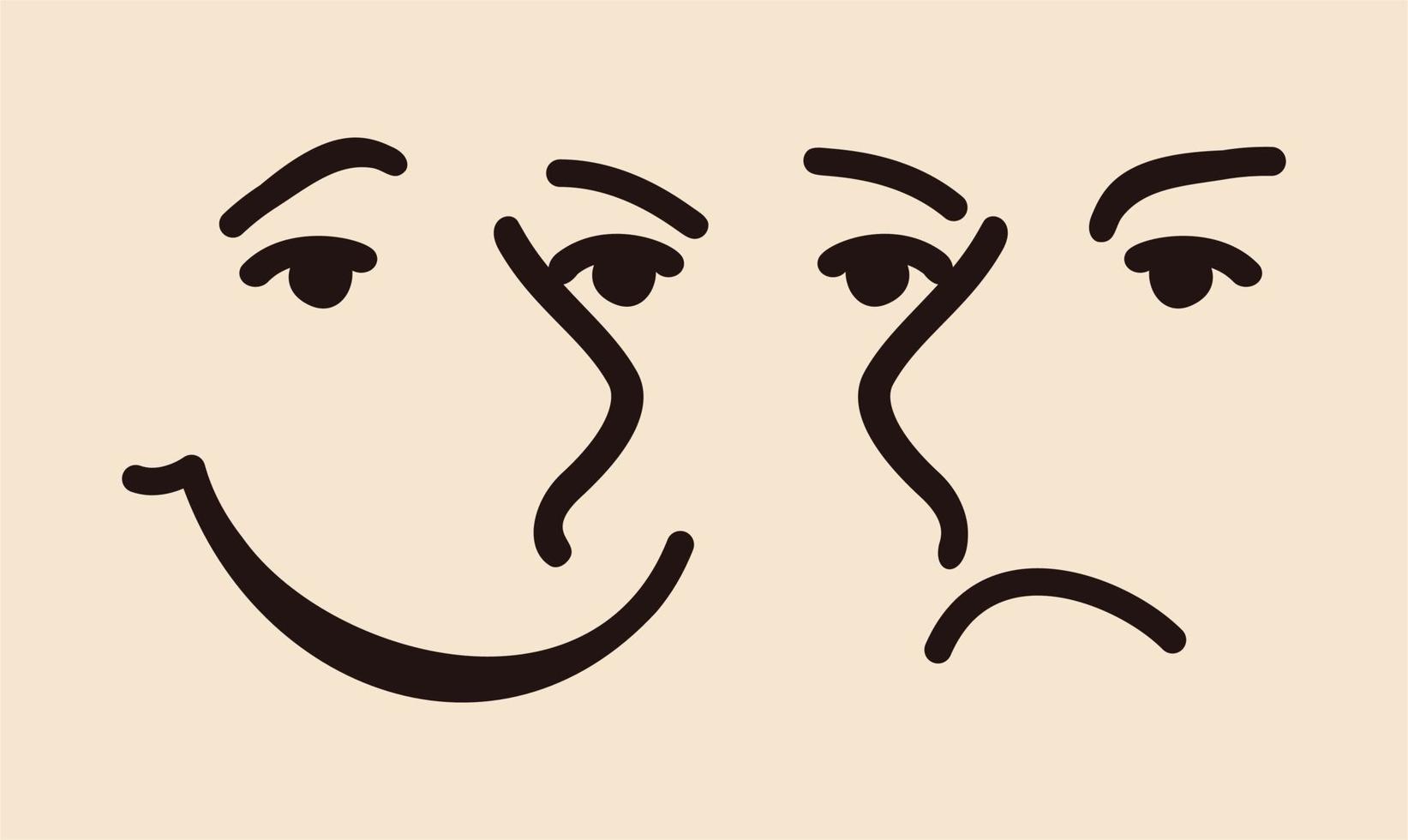Vector simple illustratioan of two faces, smiling and angry. Isolated on light background.