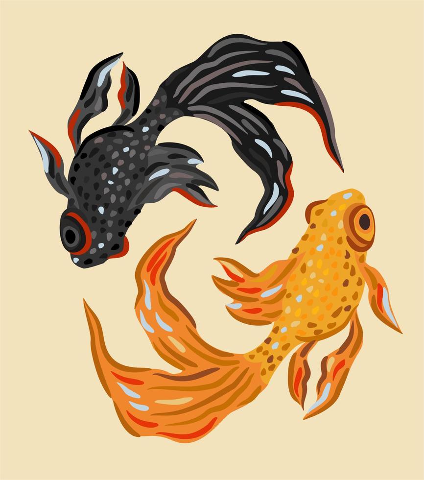 Vector isolated illustration of two fishes, golden and black, floating in circles.