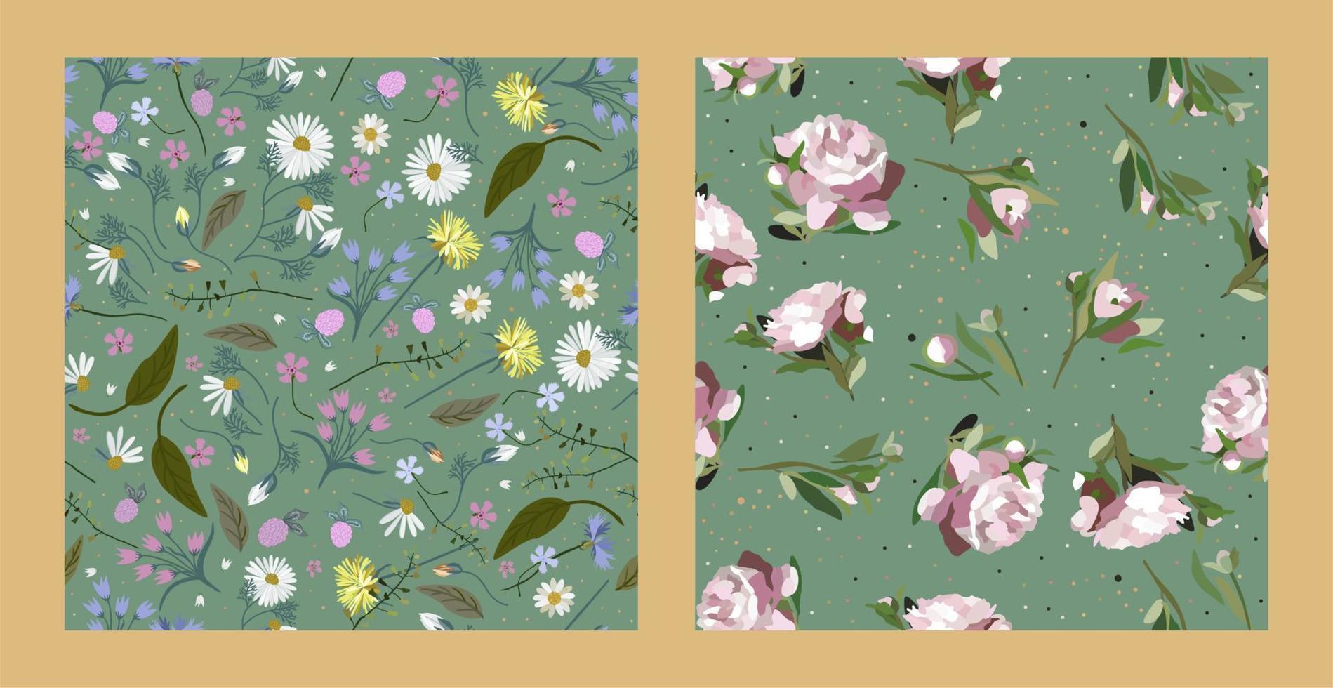 Vector collection of two seamless floral patterns with wildflowers on muted green background.