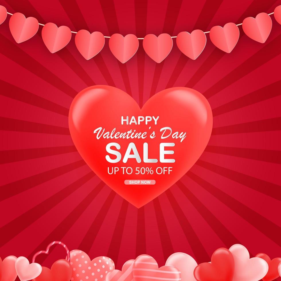 Valentine's day sale background with 3d hearts. Vector illustration. Wallpaper, flyers, invitations, posters, brochures, banners. Vector symbols of love for Happy Women's, Mother's, Valentine's Day,