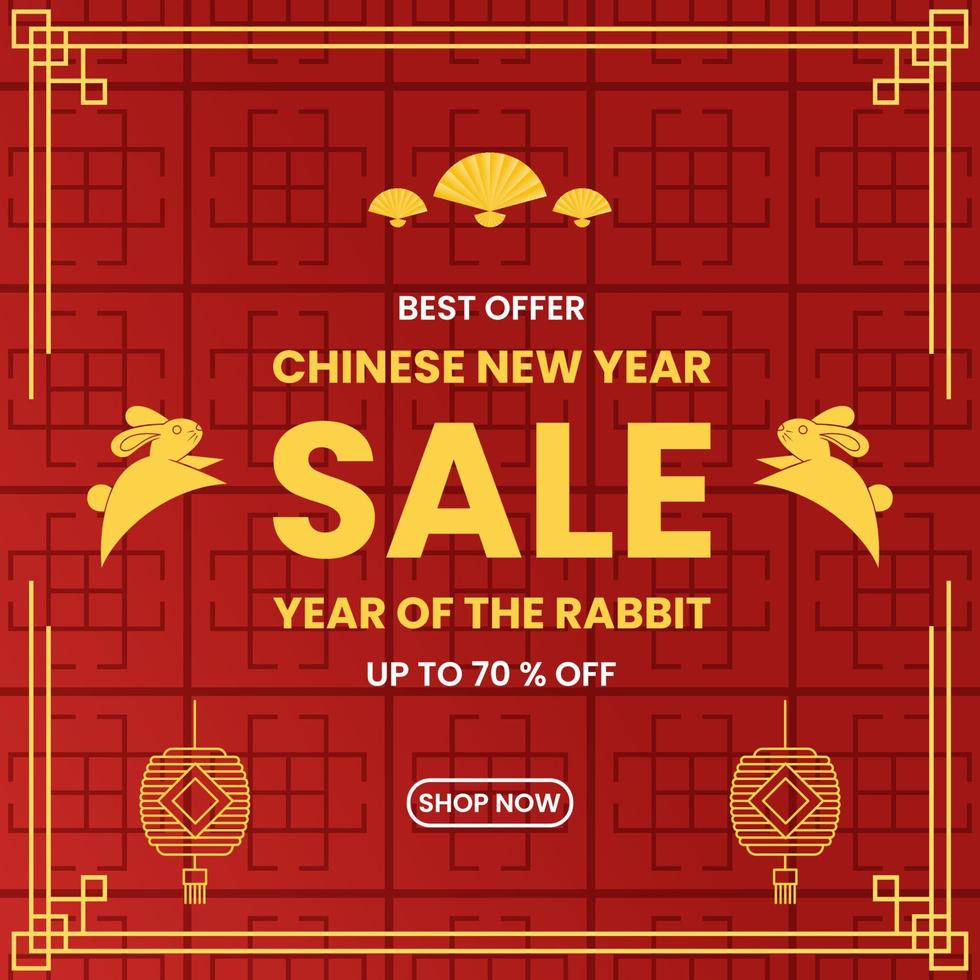 sale design for chinese new year 2023. simple design with text, rabbit, podium, lantern  and red background. used for promotion, advert and ads vector