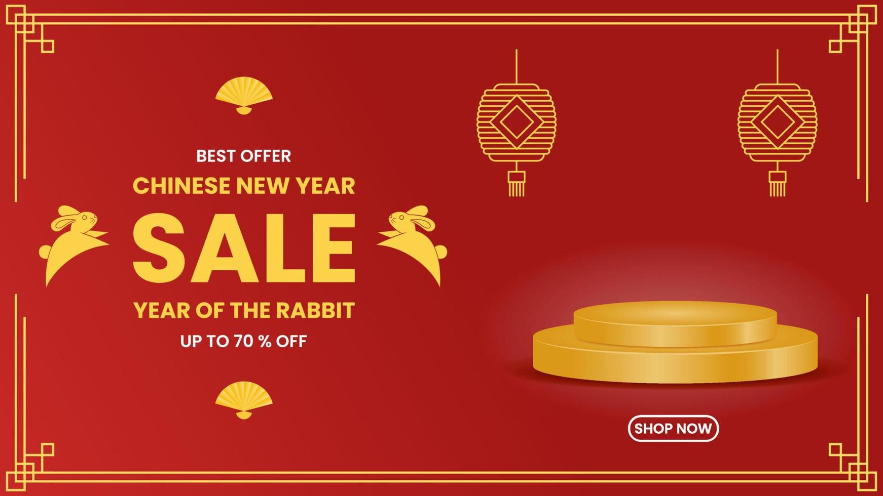 chinese new year sale. year of the rabbit. simple design with rabbit, fan, lantern, podium and red background. used for promotion, advert and ads vector