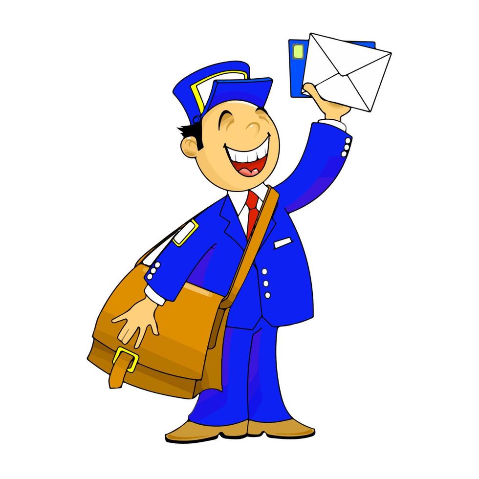 Cheerful postman with a letter and a bag. Vector postman illustration.