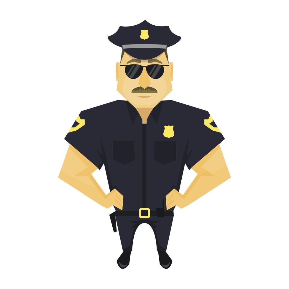 Policeman in a cap with his hands on his belt. Cartoon serious policeman in uniform with glasses. vector