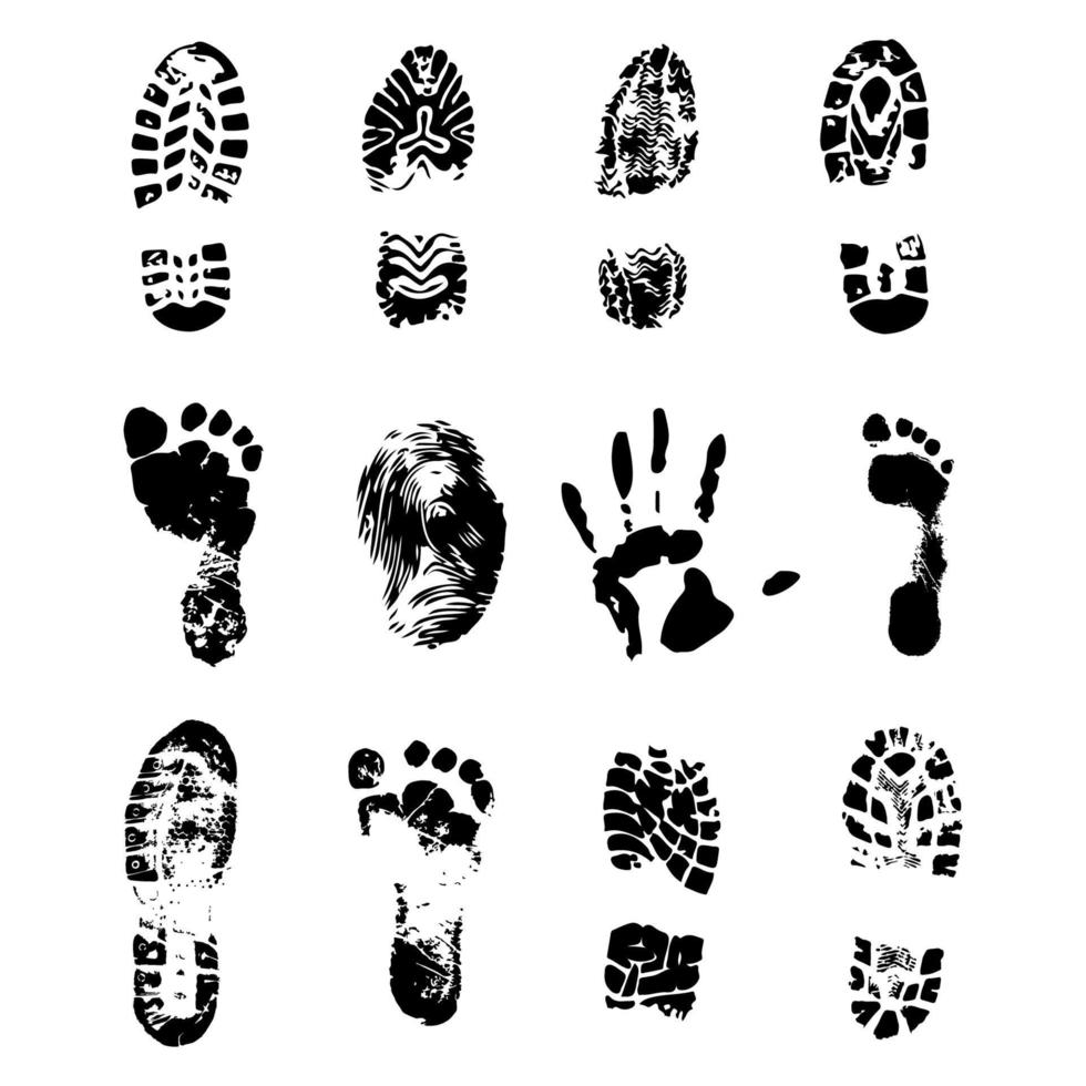 Footprint vector set. Shoe marks on a white background. Black foot silhouette.