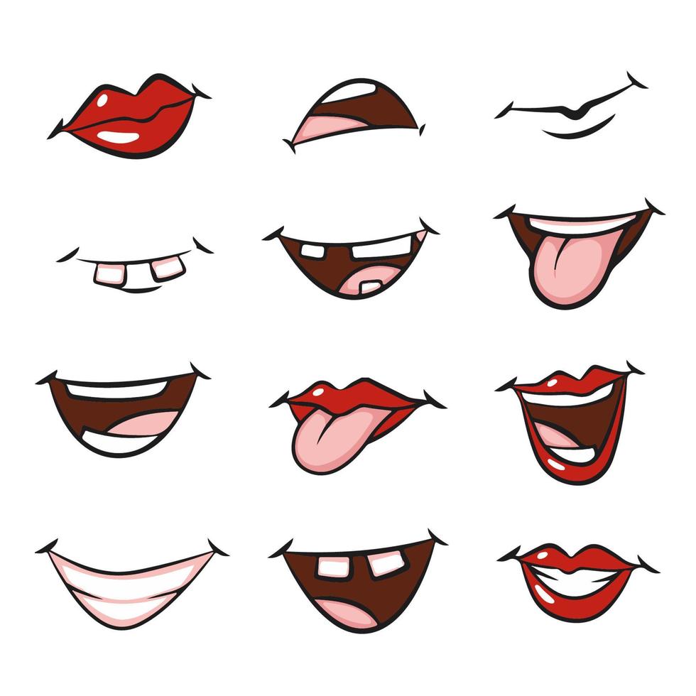 conjunto de bocas de dibujos animados. boca abierta, lengua protuberante, sonrisa. boca vectorial. vector