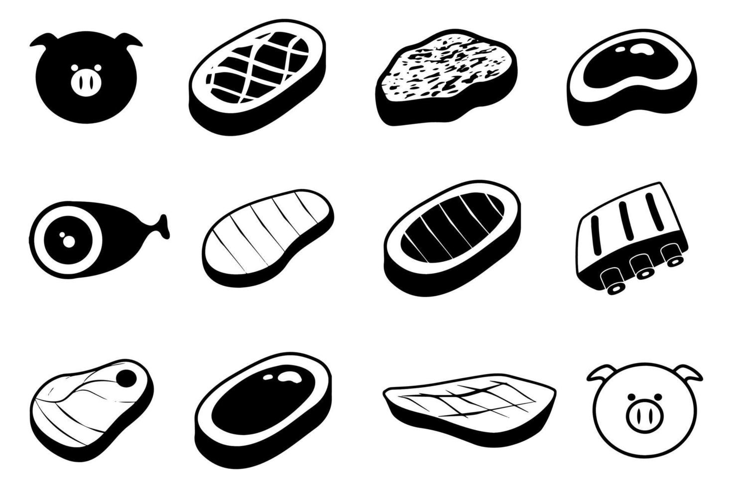 Meat vector symbol set. Steak, knuckle, ribs, ham, tenderloin, bacon.