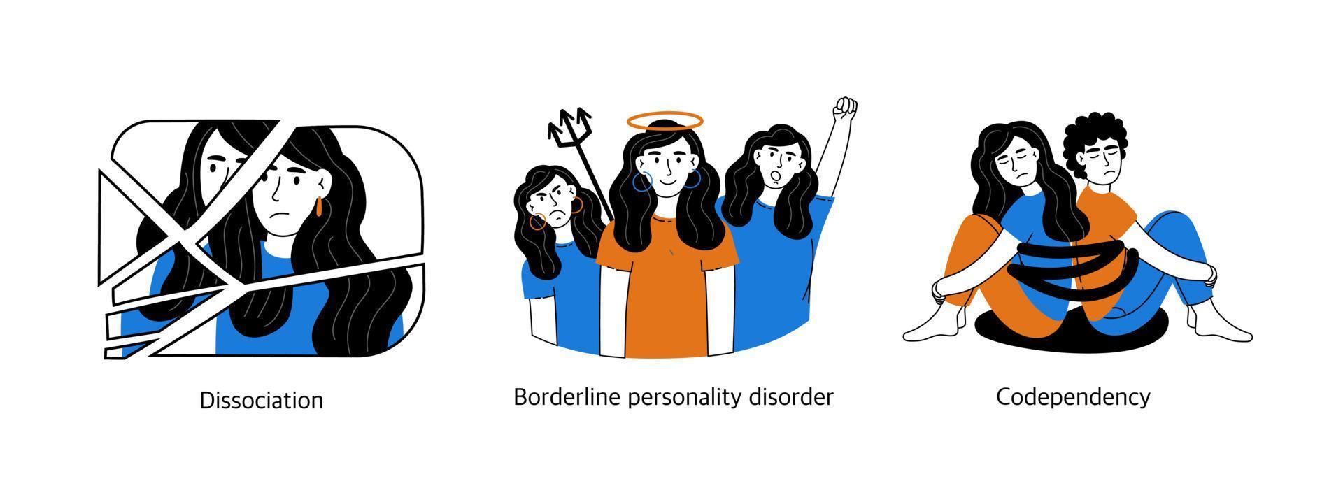 Set of concepts of mental health and psychology. Psychological disorders, various positive, negative states of people. Vector illustration isolated on a white background.