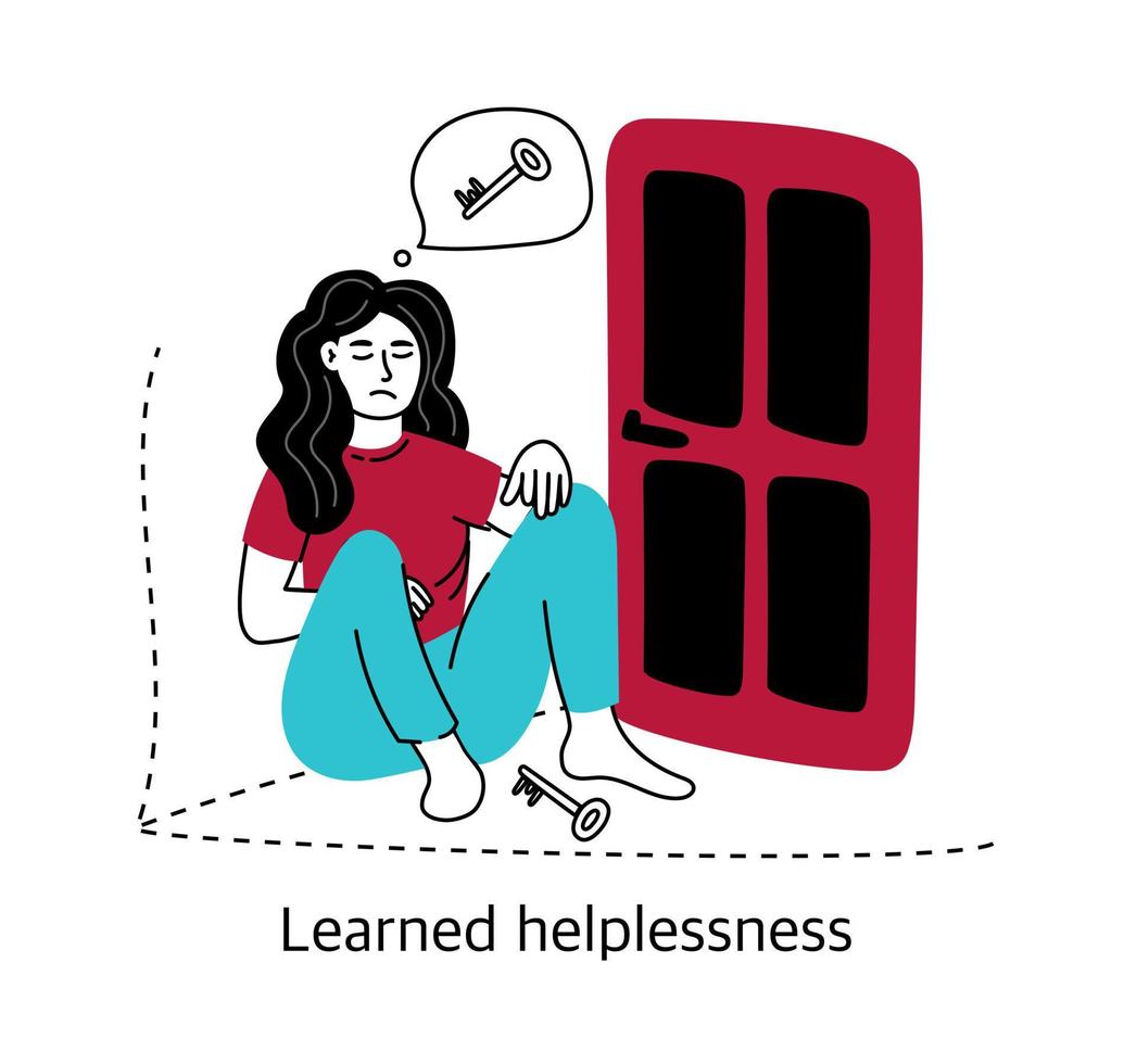 Learned helplessness. The concept of mental health and psychology. Vector illustration of a girl isolated on a white background.