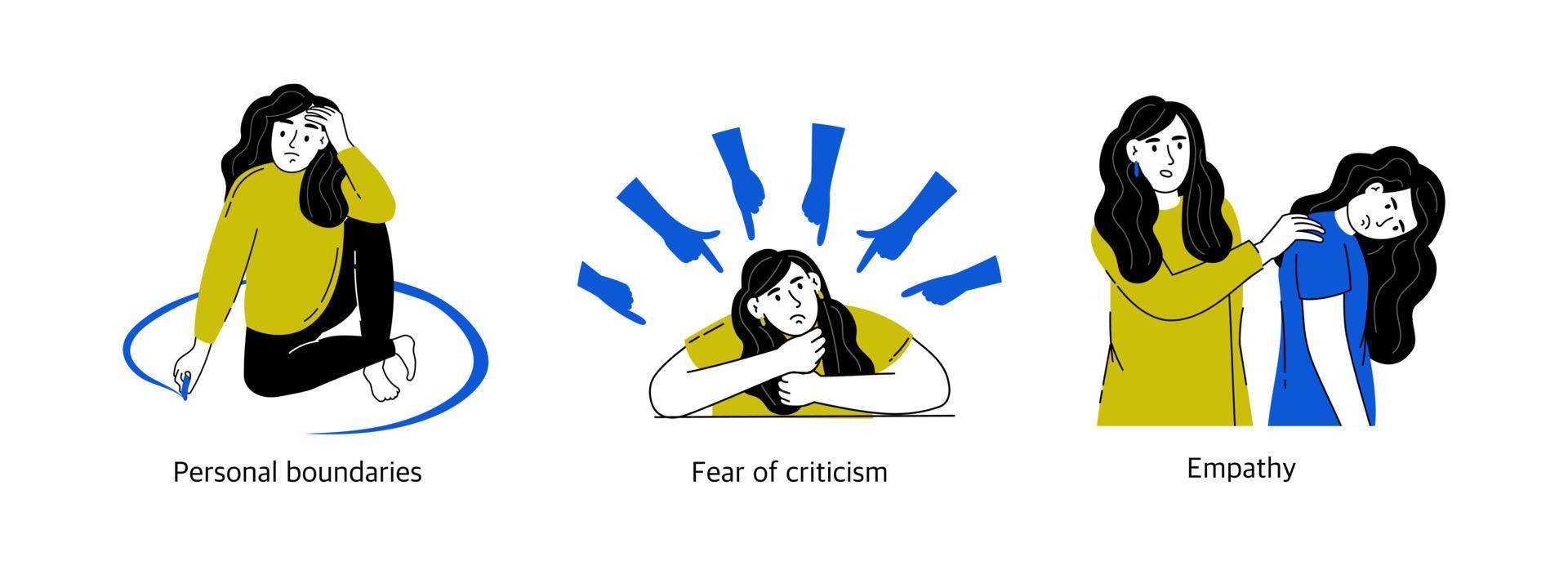 Set of concepts of mental health and psychology. Psychological disorders, various positive, negative states of people. Vector illustration isolated on a white background.