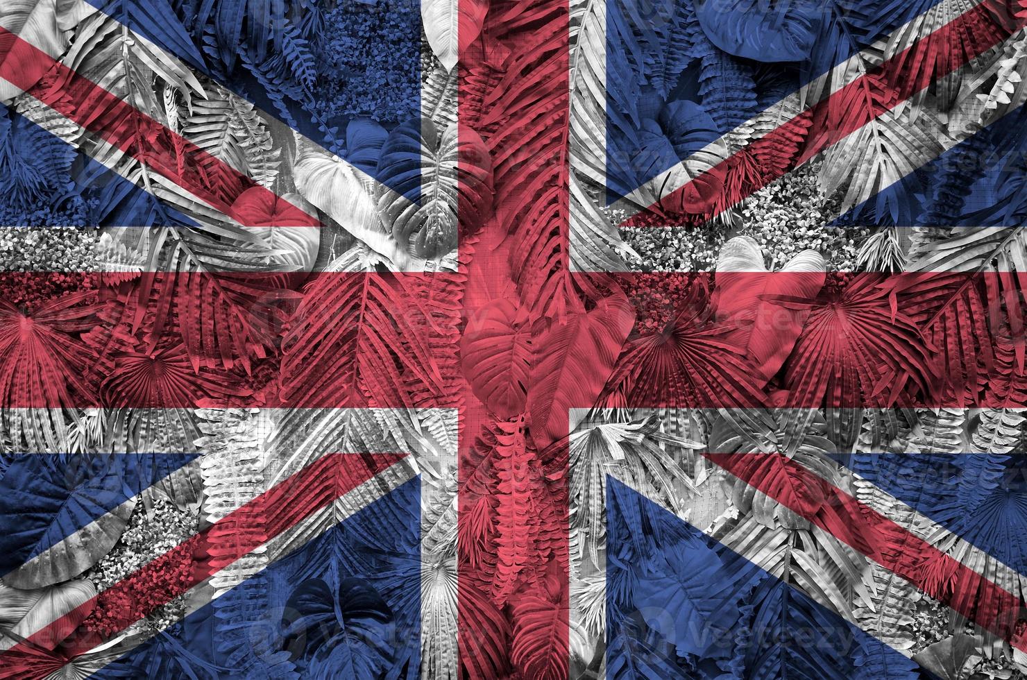 Great britain flag depicted on many leafs of monstera palm trees. Trendy fashionable backdrop photo