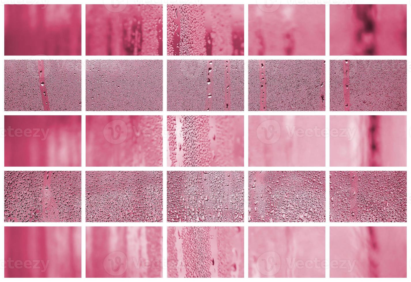 A collage of many different fragments of glass, decorated with rain drops Image toned in Viva Magenta, color of the 2023 year photo