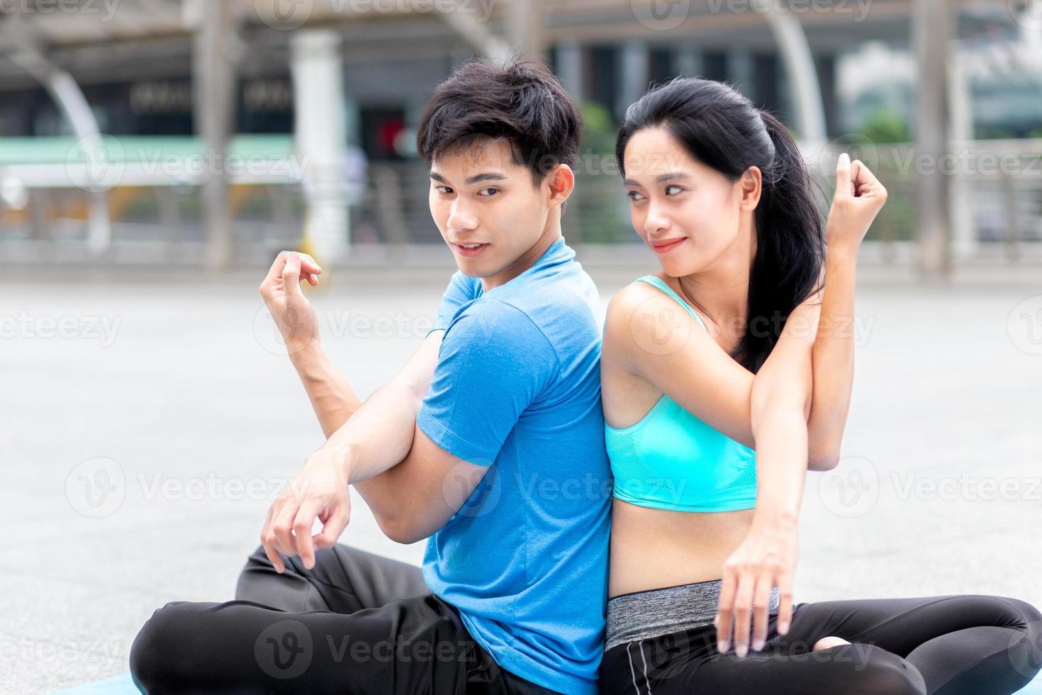 healthy man and woman yoga exercise for relax health yoga class sport exercise together with happy moment and balance fit bidy on yoga mat fitness photo