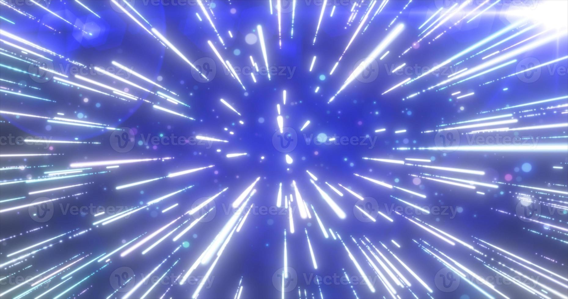 Abstract blue flying stars bright glowing in space with particles and magical energy lines in a tunnel in open space with sun rays. Abstract background photo