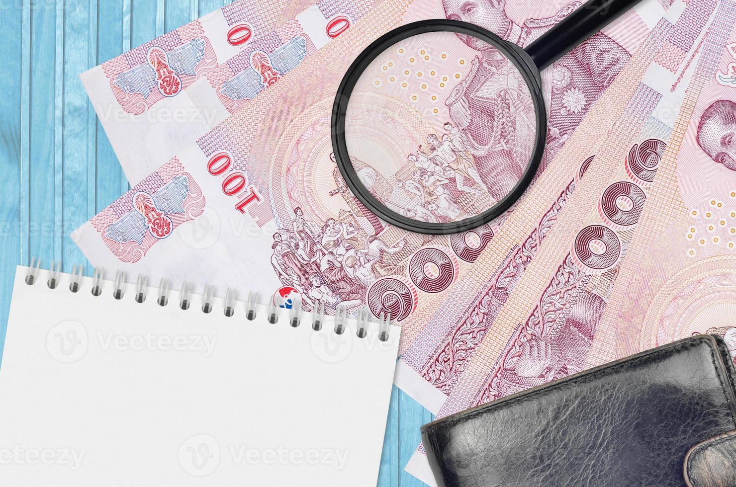 100 Thai Baht bills and magnifying glass with black purse and notepad. Concept of counterfeit money. Search for differences in details on money bills to detect fake photo