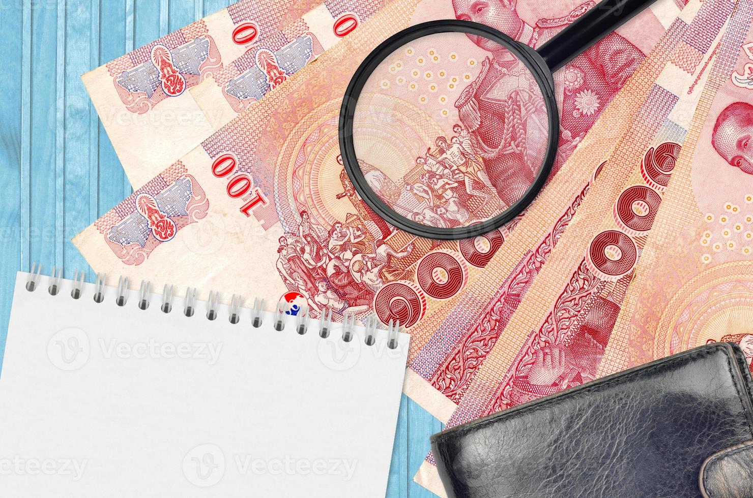 100 Thai Baht bills and magnifying glass with black purse and notepad. Concept of counterfeit money. Search for differences in details on money bills to detect fake photo